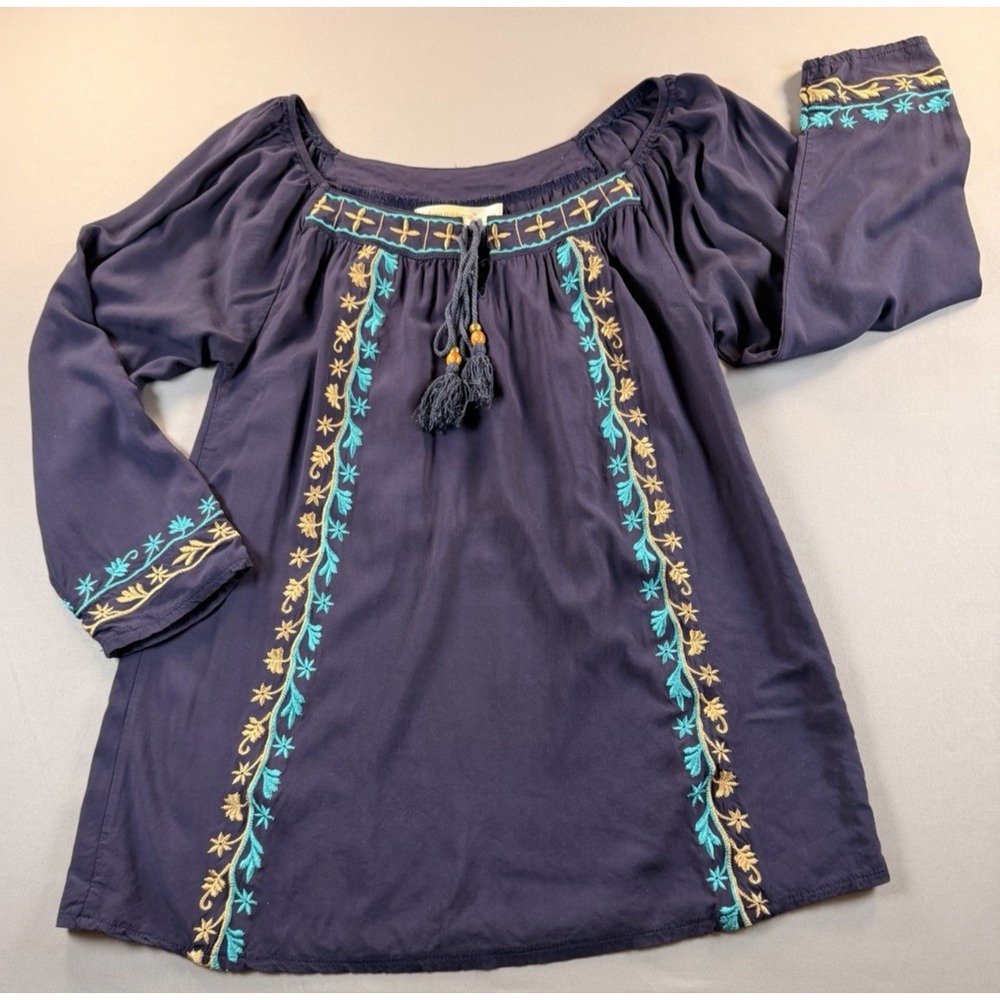 Urban Mangoz Embroidered Boho Peasant Top Navy Blue Tassel Cotton Small - Picture 1 of 12